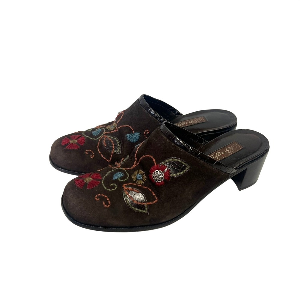 Brighton FIONA Embroidered Suede Mule Clogs Brown Women's 7.5 Boho Cottage Artsy